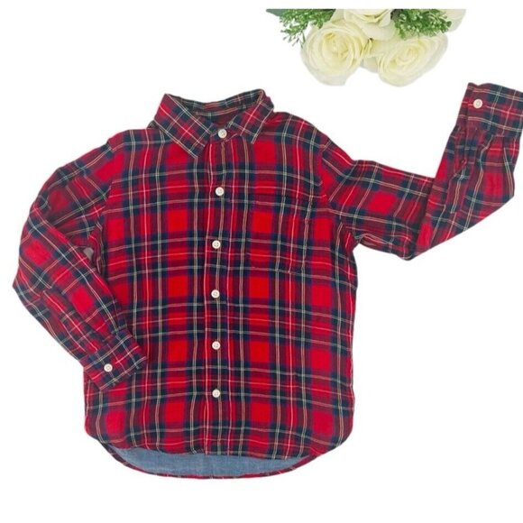 GAP Boys Tartan Button Down Shirt Sz Small 6/7 Red Plaid Cotton Roll Tab Sleeve - Picture 1 of 7